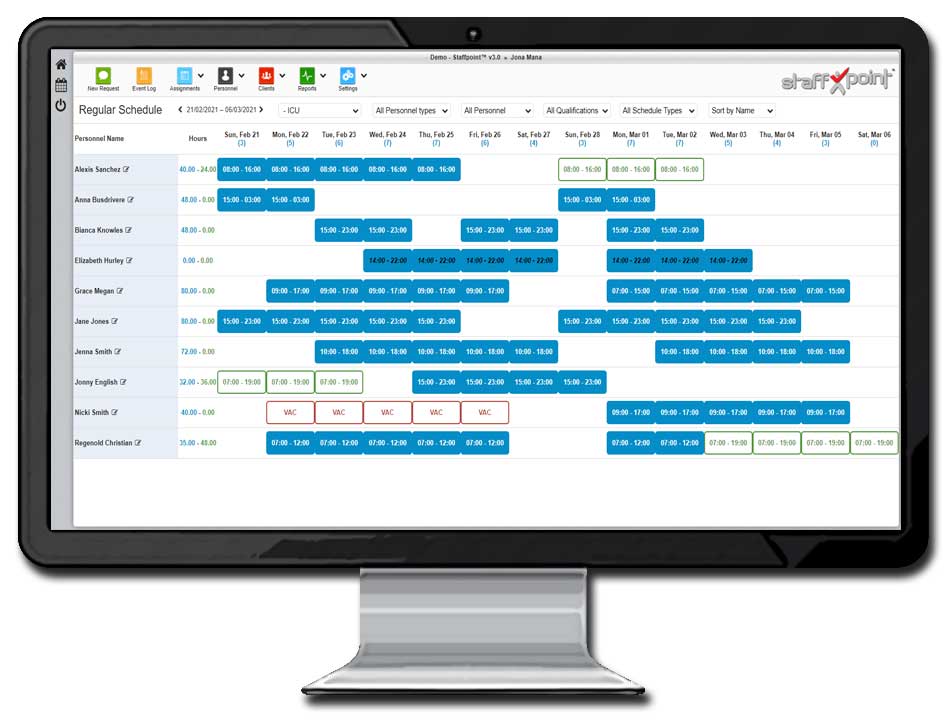 Screenshot of Staffpoint, a scheduling software for healthcare.
